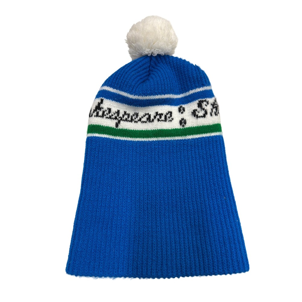 Vintage Shakespeare Fishing Blue Striped Knit Pom Pom Beanie Hat  Winter Sport